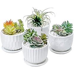 Macetas Para Cactus Recicladas Juego de 4 Macetas de Cerámica Suculentas de 10,6 cm 4 Pulgadas con Posavasos Conectados, Mini Maceteros con Orificio de Drenaje para Cactus y Pequeñas Plantas de Serpiente (Sin Plantas) (Blanco-4)