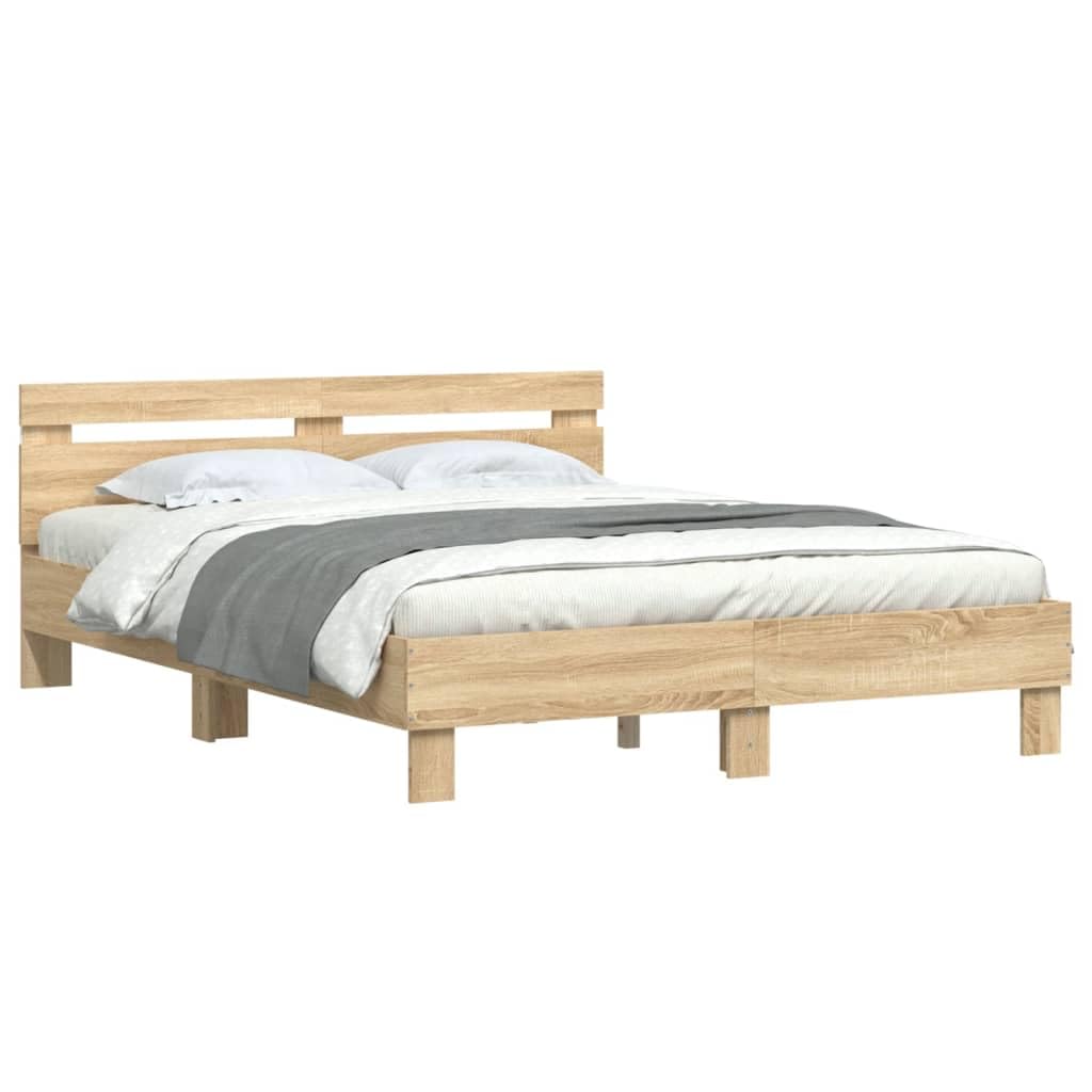 vidaXL Rama łóżka z wezgłowiem i LED, dąb sonoma, 140x190 cm