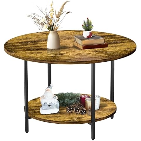 FAMIDGE Round Coffee Table, 27.5" Small Coffee Tables, 2-Tier Circle Coffee Table with Storage Shelf, Wood Coffee Table Circular for Living Room, Modern Center Table for Home, Office, Rustic Brown Cover