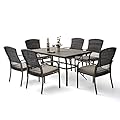 Pamapic 8504 Patio Dining 7 Piece, Outdoor Wicker Furniture Set for Backyard Garden Deck Poolside/Iron Slats Table Top, Removable Cushions, 7 Pack, Beige