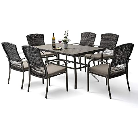 Pamapic 8504 Patio Dining 7 Piece, Outdoor Wicker Furniture Set for Backyard Garden Deck Poolside/Iron Slats Table Top, Removable Cushions, 7 Pack, Beige Cover