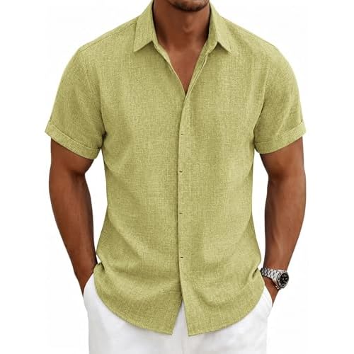 Mens Linen Shirts Short Sleeve Casual Shirt Button Down Summer Beach Vacation Tops Men Casual Dress Shirts Breathable XX-Large Tall 00140_lemon Yellow