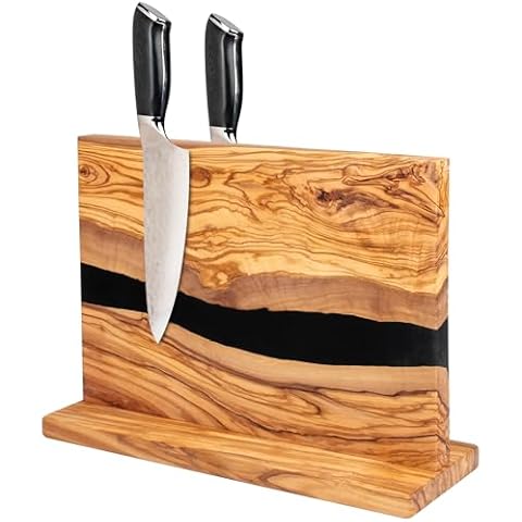 Magnetic Knife Block Stand - Italian Olive Wood Kitchen Knife Holder Rack with Black Resin Flow Design - Double Sided Strong Magnet Knife Block - Universal Knife Organizer Holds 18 Knives Cover