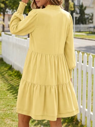 Image of Imily Bela Womens Fall Long Sleeve Tunic Dress Casual V Neck Tiered Dress | Loose,Swing,A-Line,Ruffled Collar,Puff Balloon Sleeve,Smocked Elastic Cuffs,Tiered Layered Ruffle Hem,Babydoll,Loose,Mini