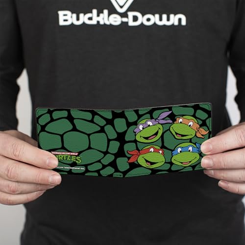 Nickelodeon Men's Standard Buckle-Down PU Bifold Wallet-Classic TMNT Faces Black/Green Turtle Shell, Multicolor, 4.0" x 3.5"4