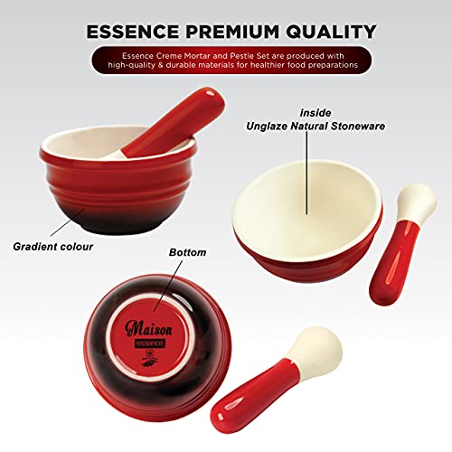 Essence- Maison Mortar And Pestle Set- Make Fresh Guacamole, Salsa, Pesto, Stone Grinder Bowl, Herb Crusher, Spice Grinder, Pill Crusher- 5.5In (D) X 3In (H) - 21.5Oz / 610Ml - Salsa Red/Cream #TOP2