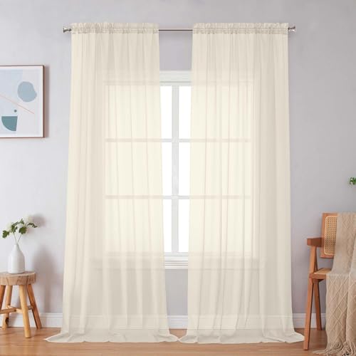 Image of Simplebrand Cream Sheer Curtains 96 Inches Long, Light Filtering Rod Pocket Solid Color Window Sheer Curtain Panels, Elegant Curtains & Drapes for Living Room, Bedroom 2 Panels, 59 inch W x 96 inch L