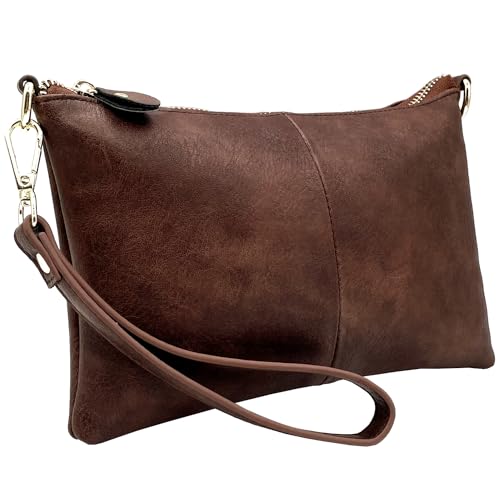Umhängetasche Damen Klein Handtasche Damen Leder Crossbody Schulter Wristlet Geldbörse Clutch Telefon Kreditkartenfächern mit Trageschlaufe (Veganem Leder Kaffee) – Bild 3