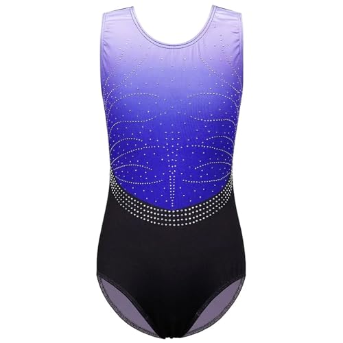 XIUsheUA Maillot de Danza Leotardo de Gimnasia de Diamante for niñas, Mono Degradado, Ropa de actuación sin Mangas, Traje de práctica, Trajes de Ballet Maillot Danza Mujer(Black Blue1,4A)