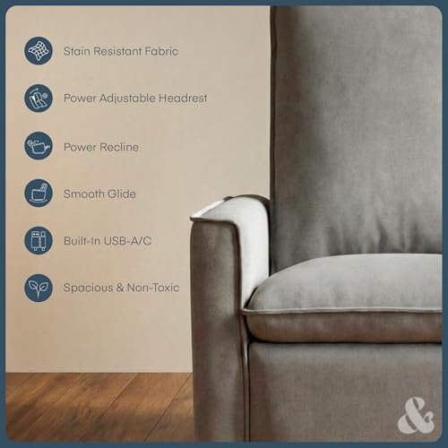 Image of Nurture& Montauk Power Glider Recliner - Premium Nursery Recliner Chair with USB‑A /C, Adjustable Headrest & Gentle Glide, Stain‑Resistant Upholstery, Comfortable & Space‑Smart, Gray