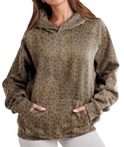 DURUNUL Leopard Print Hoodies for Women Oversized Cheetah Printed Hooded Pullover 2000s Y2K Hoodie Sweatshirt 90s Streetwear Khaki