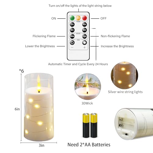 Image of Flickering Flameless Candles with Remote Timer, 6pcs LED Battery Operated Candles with Embedded String Lights White, D3 H6