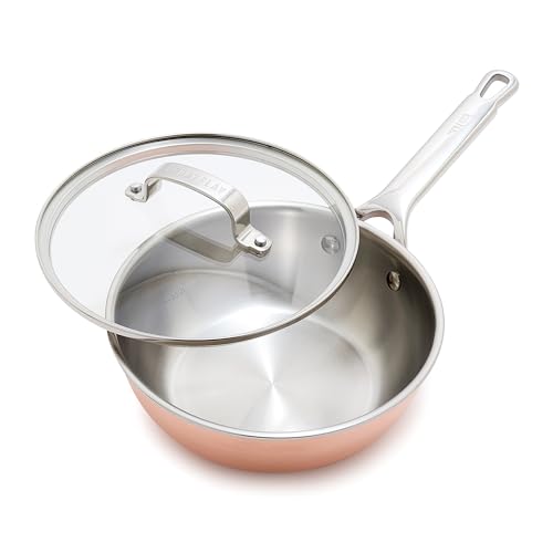 GreenPan x Bobby Flay 2QT Copper Clad Chef’s Pan with Lid, Induction Ready Sauce Pot, Measurement Markings, Stainless Steel Base & Interior, Oven Safe Saucepan to 500˚F