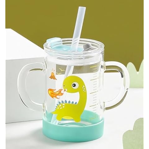 Kids Glass Tumbler with Handles Cute Milk Water Cup Bottle with Silicone Straw and Lid Scale Juice Milk Drinking Mug Heatable Leak Proof Glass Tumbler Children Friendly Travel Water Cup Gift Cover