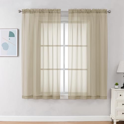 Image of Chyhomenyc Taupe Sheer Curtains 45 Inch Long 2 Panels, Light Filtering Rod Pocket Voile Short Curtains Drapes for Living Room Bedroom Small Windows, 42Wx45L Inches