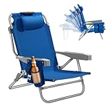 5-Position Aluminum Lay Flat Backpack Beach Chair, Compact Portable Low Beach Chairs for Adults with Cooler Pouch, Storage Pouch, Towel Bar, Cup Holder & Phone Holder, Navy