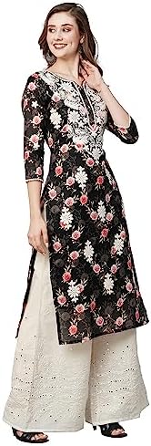 RATAN Women's Mulmul Cotton Printed Straight Lucknowi Chikankari Ethinic Wear Kurta