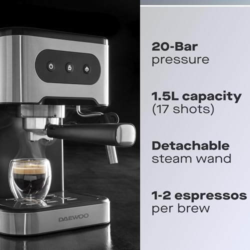 Daewoo 20bar Espresso Coffee Maker With Steam Wand, Barista Quality Coffee, For Ground Coffee - Image 3