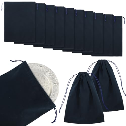 10 Pcs Silver Storage Bags 9 x 11.8 Inch Fabric Cloth Anti Tarnish Bags for Silver Jewelry Silverware Protection Flatware Silverplate Tarnish Cleaning(Navy Blue)