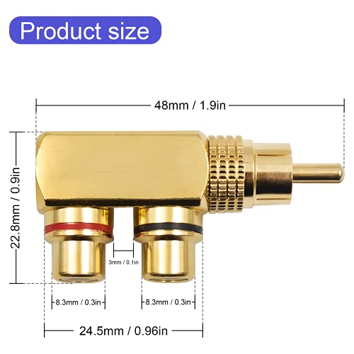 Duttek Cinch Splitter Adapter, Cinch Verteiler 1 auf 2, 90 Grad rechtwinkliger Cinch Stecker auf 2 Cinch Buchsen, AV Splitter, RCA Splitter, Audio / Video Y Splitter, 2 Stück