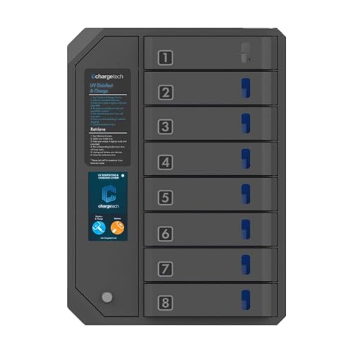 Guardian-8 Phone Charging Locker, 8 Bays, Dual Cables Lightning/Type-C, LCD Touchscreen, 20W Fast Charging, Wall Mount or Freestanding