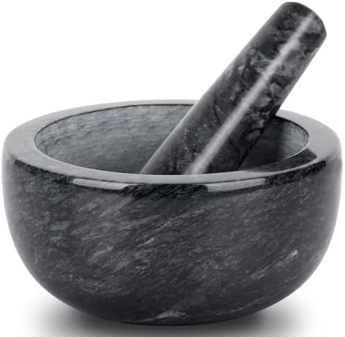 Tera Marble Mortar and Pestle Set Large Solid Stone Grinder Spice Herb Grinder Pill Crusher (Black, Diameter 5.5")
