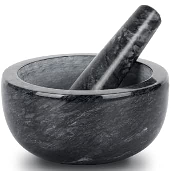 Tera Marble Mortar and Pestle Set Large Solid Stone Grinder Spice Herb Grinder Pill Crusher (Black, Diameter 5.5")