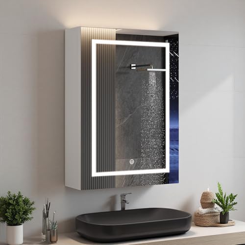 BRILVERDE Spiegelschrank Bad mit LED Beleuchtung 50x70x15 cm,3 Lichtfarben,Badezimmerschrank mit Touch-Schalter und Verstellbares Regale (50x70x15 cm)