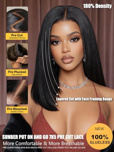 Image of Sunber Yaki Straight Bob Layered Cut with Face Framing Layers 7X5 Lace Part Bob Wig Human Hair Bye Bye Slip Glueless Wig with Silicone Strips Drawstring 180% Density Bleached Knots Pre Plucked 14inch