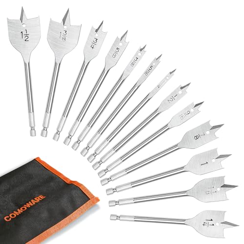 COMOWARE 13 Pcs Spade Drill Bit Set - Paddle Flat Bits Set for Woodworking, Hex Shank, Carbon Sreel, 1/4"-1-1/2", Portable Nylon Storage Holder