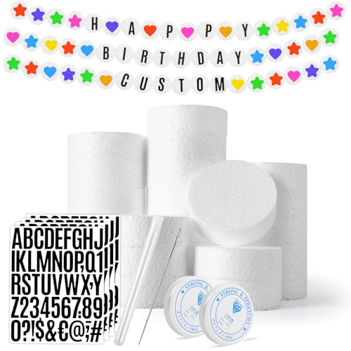 GOGOSO Foam Circles for Crafts DIY Project Foam Discs Round Polystyrene Circles with Letter Stickers Fishing Line Needles for Friendship Bracelet Garland Birthday Banners Decoration 3 Inch (24)