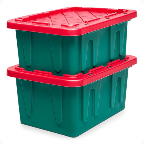 Image of HOMZ 2-Pack Durabilt, Heavy Duty Plastic Storage Bins with Lids, 15 Gallon, Green/Red - Stackable Container Boxes for Holiday, Attic, and Garage Organization