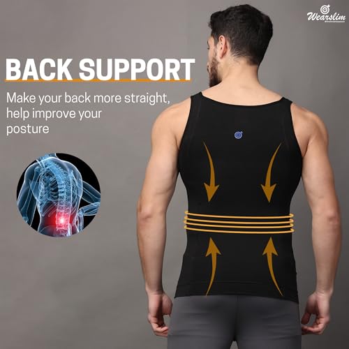 Image of Wearslim Premium Men's Super Combed Cotton Elastene Stretch Fabric Tummy Tucker Vest for Man with Extended Length for Easy Tuck | Gynecomastia Compression Body Shaper Vests for Men