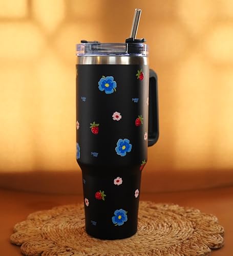 Image of 1200ML Stainless Steel Tumbler Hot and Cold with Handle and Lid and 2 Straws, Double Insulated Cup Leak Proof Mug Cupholder for Gym, Travelling (Black Floral)