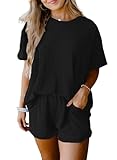 SHEWIN Womens Fashion Two Piece Loungewear Set Crew Neck Ribbed Short Sleeve Tunic Top Loose Fit Shorts with Pockets 2 Piece sets for women summer 2026, Black, XL
