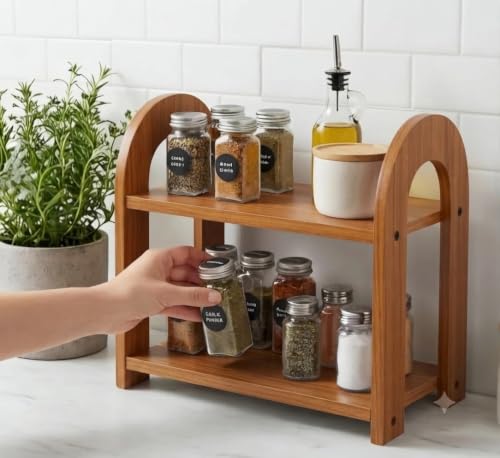 Image of 2-Tier Spice Rack, 13.8 Inch Wood Step Shelf Countertop Spice Storage Holder, Kitchen Pantry Cabinet Organizer Cupboard for Spice Bottles, Jars, Seasonings, Baking Supplies, (Brown, Oval)