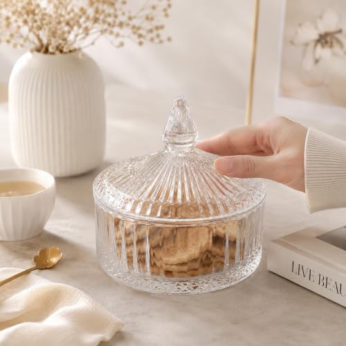 Image of bellemax Ribbed Glass Candy Jar with Lid, Clear Decorative Storage Container for Candy, Cookies, Dry Fruits, Chocolates, Snacks & Kitchen (Pack of 1)