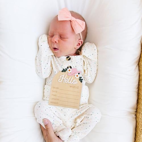 Image of Wooden inchHello World inch Baby Announcement Board - Newborn Birth Sign, Baby Shower Decor, Hospital Nursery Information Board, Baby Milestone Photo Prop, Gender Neutral Keepsake (Cowgirl Boot&Bow Western Cowbaby)