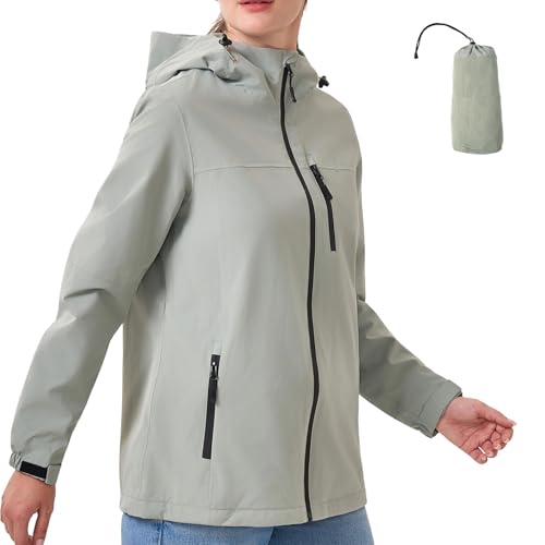 PYALT Regenjacke Damen 10000MM Wasserdicht Outdoorjacke Atmungsaktiv Übergangsjacke Leichte Jacke mit Kapuze Windbreaker zum Wandern Reisen Treking Fahrrad Light Green M