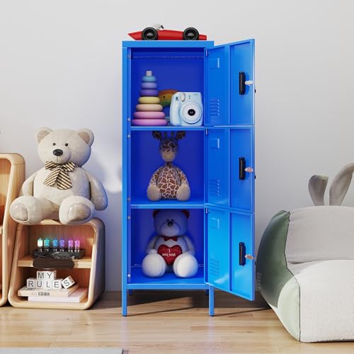 Image of Aobabo 16 inch W 3 Door Metal Storage Locker with Lock, 47 inch H Steel Locker with Name Card Holder and Metal Leg for School, Home, Office, Playroom, Assembly Required, Blue