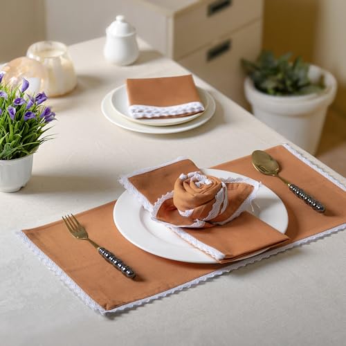 Image of FINGERCRAFT Lace Trim Cloth Napkins Set of 6, 20x20 Inch Cotton Linen Blend Dinner Napkins, Reusable Washable Table Napkins for Wedding, Farmhouse Dining, Parties & Home Decor (Rust)