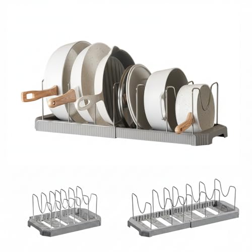 Image of STAR WORK Expandable Pull-Out Pan & Pot Organizer Pan Dish Rack Stand Organizer for Cabinet Kitchen Cabinet Cookware Baking Frying Rack (GREY)