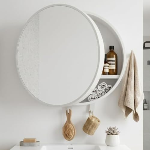Image of CIPLA PLAST Pearl Round Bathroom Mirror Cabinet with Towel Holder & 2 Accessories Hooks | Wall-Mounted Modern Design Cabinet with Storage | Moisture Resistant Bathroom Organizer with Toothbrush Holder