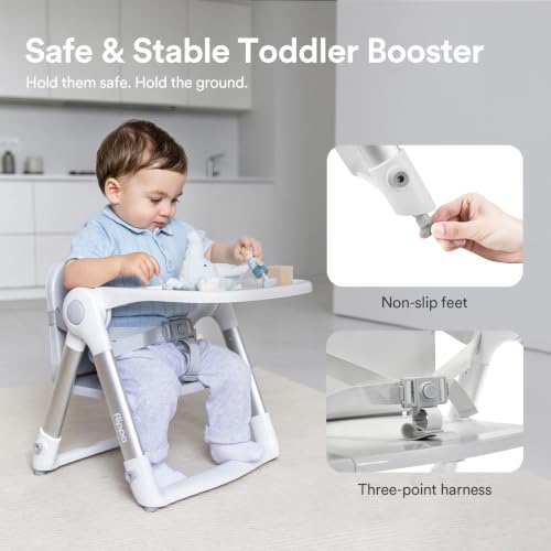 Image of Apramo 3-in-1 Toddler Booster Seat for Kitchen Chair & Dining Table with Removable Tray and Safety Straps, Portable& Foldable Babies Chair for Table, Feeding, Floor & Travel, Grey