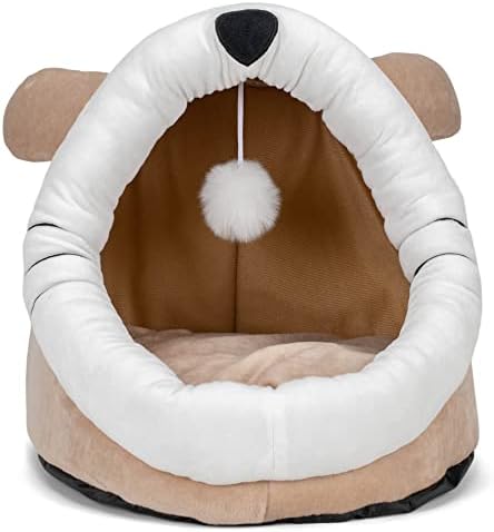 Nat & Jules Kitty Cat Face 15 inch Plush Fabric Cave Bed with Dangle Toy, Warm Beige