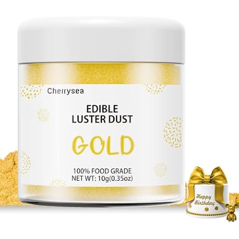 Gold Edible Luster Dust 10 Grams, Food Grade Cake Luster Dust Tasteless Dessert Dusting Powders for Baking Cherrysea Food Coloring Powder for Cupcakes, Cake Pops,Fondant,Chocolate, Candy Cover
