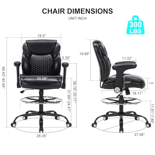 Image of Drafting Chair, Tall Office Chair with Adjustable Armrests Mid-Back Standing Desk Chair with Footrest Ring, PU Leather High Executive Desk Chair Counter Height Office Chair for Home and Office, Black