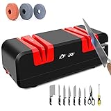 Electric Knife Sharpener, KYOEON Versatile Diamond Hone Professional Knife Sharpener for Straight Edge Knives,Scissors and Slotted Screwdriver,15 Degree 4-Stage, Black with Red(Black)