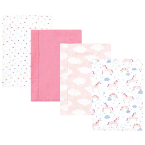 Image of Hudson Baby Unisex Baby Cotton Poly Flannel Burp Cloths, Unicorns Rainbows 4 Pack, One Size