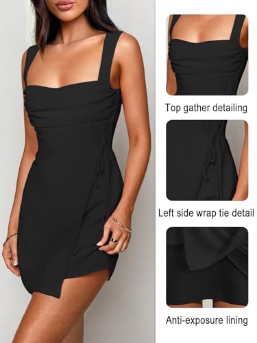 Image of Women's Sexy Ruched Mesh Midi Short Dresses for Women Square Neck Fitted Elegant Club Party Cocktail Dress